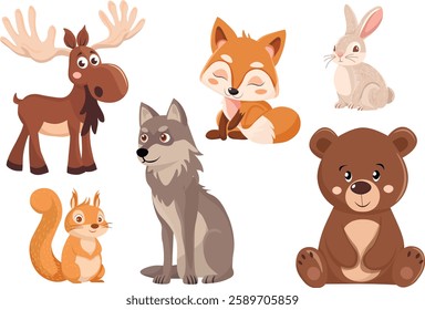 Set of forest animals. Stickers and clipart. Forest inhabitants.