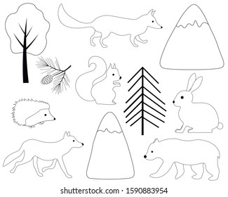 Set forest animals vector christmas tree bump bunny squirrel hedgehog wolf fox bear graphic