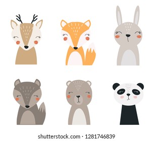 Set Of Forest Animals. Vector Illustration Depicting A Fox, Hare, Deer, Wolf, Bear And Panda For Printing On Fabric, Postcard, Dishes, Clothes, Book. Cute Baby Background.
