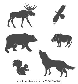 Set of forest animals vector silhouettes. Bear, eagle, squirrel, wolf, pig, moose, deer. Black wild mammals isolated on white