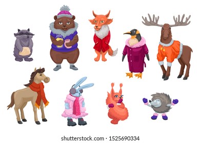Set of forest animals wearing winter warm clothes. Celebrating New Year 2020. Collection of wild animals. Cute hand drawn cartoon characters. Flat vector illustration isolated on white background.