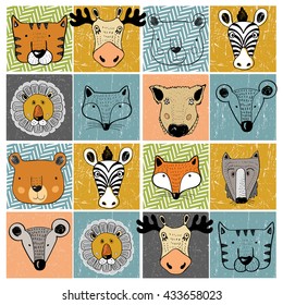 set of forest animals/tiger,elk,bear,zebra,lion,fox,wild boar,mouse,wolf/hand drawn vector illustration/can be used for kid's/baby's shirt design/fashion print design/fashion graphic/t-shirt/tee