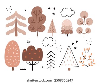 A set of forest autumn trees in the Scandinavian style. Hand drawn woodland trees. Wild botanical set.