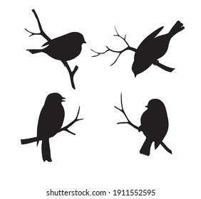 Set Of Forest Bird  Sitting On Twig Silhouette.  Collection Of Decorative Bird Icon. Vector Stock Illustration.		