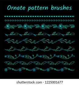 Set of forest brush patterns, borders, ribbons or dividers. Wild flowers, herbs, weeds, branches, leaves, reeds. Vector brushes included. Modern neon blue and green colors