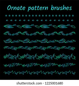 Set of forest brush patterns, borders, ribbons or dividers. Wild flower, herb, weed, branch, leaf, reed, acorn. Vector brushes included. Modern neon blue and green colors
