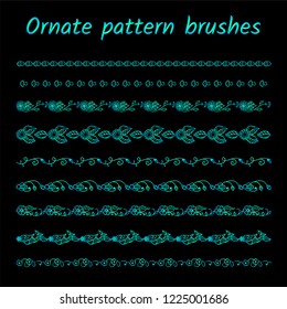 Set of forest brush patterns, borders, ribbons or dividers. Wild flowers, herbs, weeds, branches, leaves, mushroom, acorn. Vector brushes included. Modern neon blue and green colors