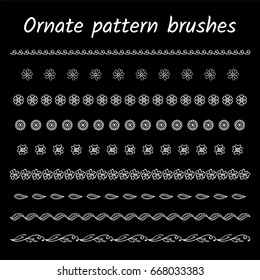 Set of forest brush patterns, borders, ribbons or dividers. Abstract wild flowers, daisy, leaves, waves. Vector brushes included. Vintage, hand drawing pen ink style, black chalkboard