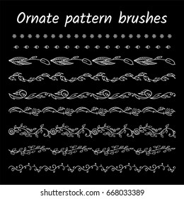 Set of forest brush patterns, borders, ribbons or dividers. Wild flower, herb, weed, branch, leaf, reed, acorn. Vector brushes included. Vintage, hand drawing pen ink style, black chalkboard