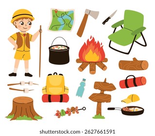 Set of forest camping elements. Backpack, campfire, map, stump, food for hiking in the forest. Flat vector illustration.