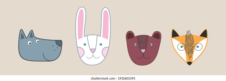 Set of forest cute animals. Vector illustration isolated.