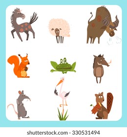 Set of forest and domestic animals in cartoon flat style