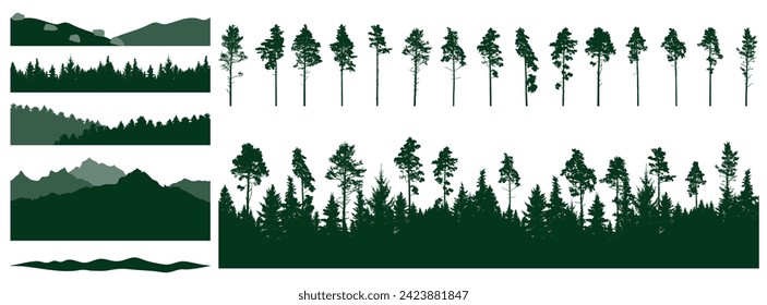 Set of forest element, pine trees, beautiful landscapes. Creation of beautiful woodland, constructor.  Vector illustration