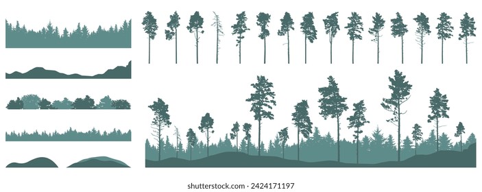 Set of forest element, pine trees, beautiful landscapes. Creation of beautiful woodland, constructor.  Vector illustration