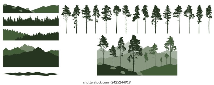 Set of forest element, pine trees, beautiful landscapes. Creation of beautiful woodland, constructor.  Vector illustration