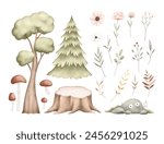 Set of Forest Elements. Leaves, tree, mushroom, and flowers.