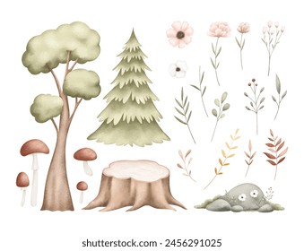 Set of Forest Elements. Leaves, tree, mushroom, and flowers.