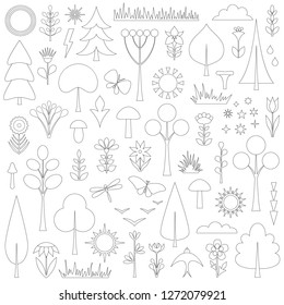 Set of forest elements in outline style. Vector linear icons of plants.