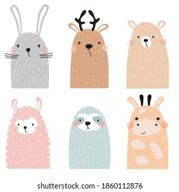 Set with forest and exotic animals hare, deer, bear, llama, sloth and giraffe. Vector illustration in a modern cartoon style, for printing on packaging paper, postcard, poster, banner, clothing. Cute 