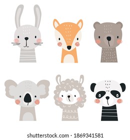 Rodeado de bosques y animales exóticos, Fox, Oso, Koala, llama y Panda. Ilustración vectorial en un estilo moderno de caricatura, para imprimir en papel de embalaje, postal, afiche, banner, ropa. 