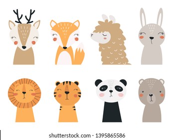 Set of forest and exotic animals. Illustration depicting a Panda, a llama, a tiger, a lion, a bear, a Fox, a fawn and a hare, for printing on children's goods and promotional products