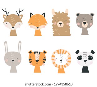 Set of forest and exotic animals. Illustration depicting a Panda, a llama, a tiger, a lion, a bear, a Fox, a fawn and a hare, for printing on children's goods and promotional products