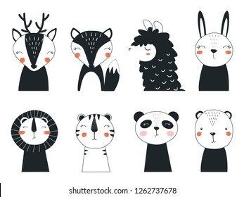 Set of forest and exotic animals in Scandinavian style. Vector illustration for printing on postcard, fabric, sticker, advertising poster, banner, clothes. Cute baby background.