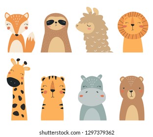 Set of forest and exotic animals. Vector illustration, with the image of a Fox, bear, lion, tiger, sloth, llama, Hippo and giraffe, handmade, for printing on a postcard. Cute baby background