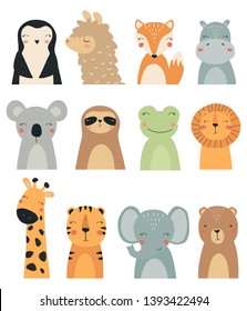 Set of forest and exotic animals. Vector illustration, with the image of a Fox, bear, lion, tiger, sloth, llama, Hippo, elephant and giraffe, handmade, for printing on a postcard. Cute baby background