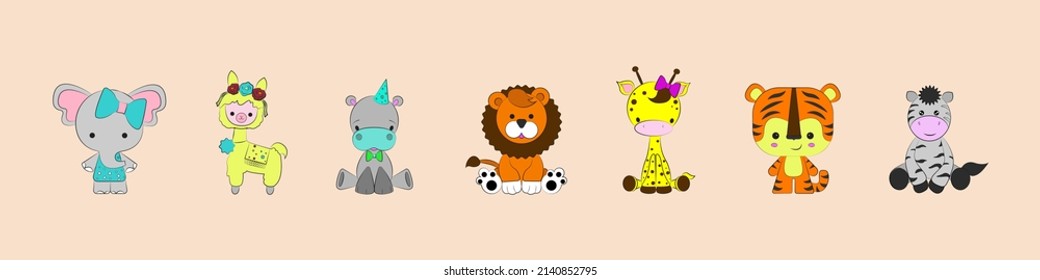 Set of forest and exotic cartoon animals.Cartoon animals flat set. Cute characters for children. Isolated animals in a hand drawn style. Cartoon doodle animals