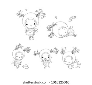 Set with Forest Fairy. 
Hand drawing isolated objects on white background. Vector illustration. Cute insect. Cheerful beetle.