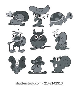 A set of forest fairy tale characters vintage toons: funny character, vector illustration trendy classic retro cartoon style 30s.