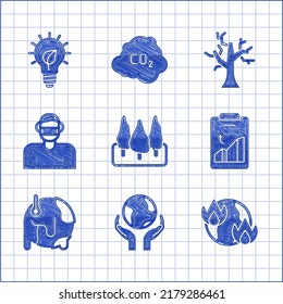 Set Forest, Hands holding Earth globe, Global warming fire, Face protective mask, Withered tree and Light bulb with leaf icon. Vector