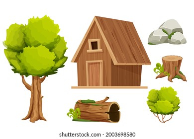 Set Forest hut, wooden house or cottage, tree, old log with moss, stone pile and bush in cartoon style isolated on white background. Cabin, country building with roof, window and door. 
