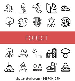 Set of forest icons such as Drought, Tree, Squirrel, Toucan, Ranger, Hedgehog, Fossil, Wood, Forest, Hunter, Deer, Military base, Ax, Mushroom, Hill , forest