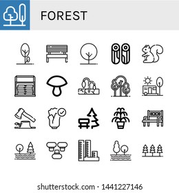 Set of forest icons such as Tree, Bench, Wood, Squirrel, Thermo bag, Mushroom, Drought, Park, Camping, Deforestation, Natural, Kentia, Overpopulation, Forest , forest