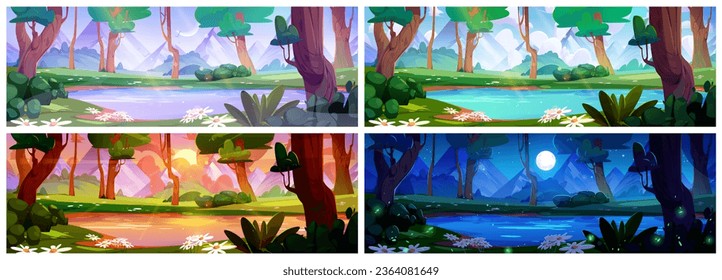 Set of forest lake landscape at different day time. Vector cartoon illustration of beautiful summer woodland in morning and at night, flowers and green trees on river banks, mountain background