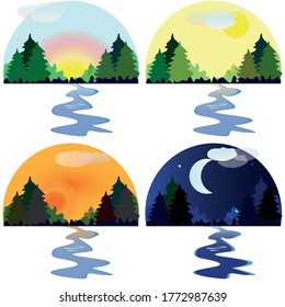 Set of forest landscapes at different times of day. Morning, day, sunset, night in the forest. Nature panorama by vector.