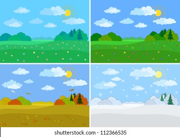 Establecer paisajes forestales, temporadas: primavera, verano, otoño, invierno. Vector