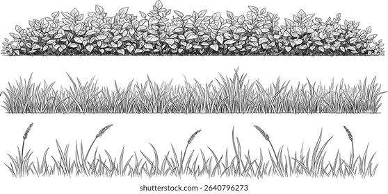 set of forest line cad, minimal isolated on white background. Ground cover. Illustration for elevation architectural element, side view, grass section. Turf coating banners for edging.