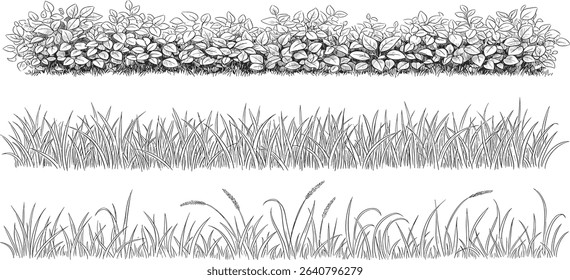 set of forest line cad, minimal isolated on white background. Ground cover. Illustration for elevation architectural element, side view, grass section. Turf coating banners for edging.