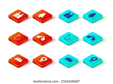 Set Forest, Location of the forest, Fishing hook, Tourist tent,  and Life jacket icon. Vector