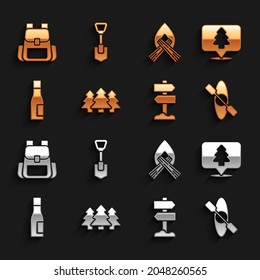 Set Forest, Location of the forest, Kayak canoe, Road traffic signpost, Bottle water, Campfire, Hiking backpack and Shovel icon. Vector