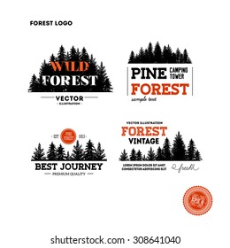 Set of forest logo. Hipster forest logo collection. Camping logo. Forest tree logo. Vector illustration