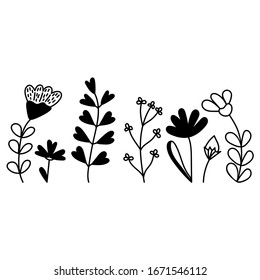 A set of forest and meadow plants. Vector hand-drawn illustration of a silhouette isolated on a white background. Elements for the design of posters, postcards, t- shirts, cups, and more.