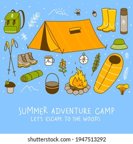 Set aus Wald- und Bergwandern auf blauem Hintergrund - Cartoon-Objekte für Ihr Camping-Design