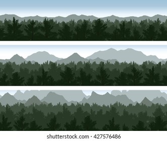 Set of forest and mountains panorama scenes