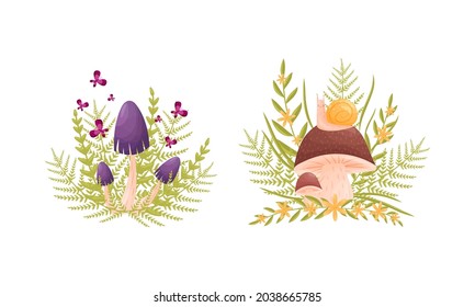 Set with forest mushrooms and autumn grass. Seasonal decorative elements cartoon vector illustration