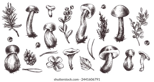 A set of forest mushrooms, boletus, chanterelles and blueberries, lingonberries, twigs, cones, leaves. Graphic botanical illustration hand drawn in brown ink. For autumn festival. set of elements.