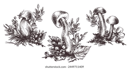 A set of forest mushrooms, boletus, chanterelles and blueberries, lingonberries, twigs, cones, leaves. Graphic illustration hand drawn in black ink. EPS vector.